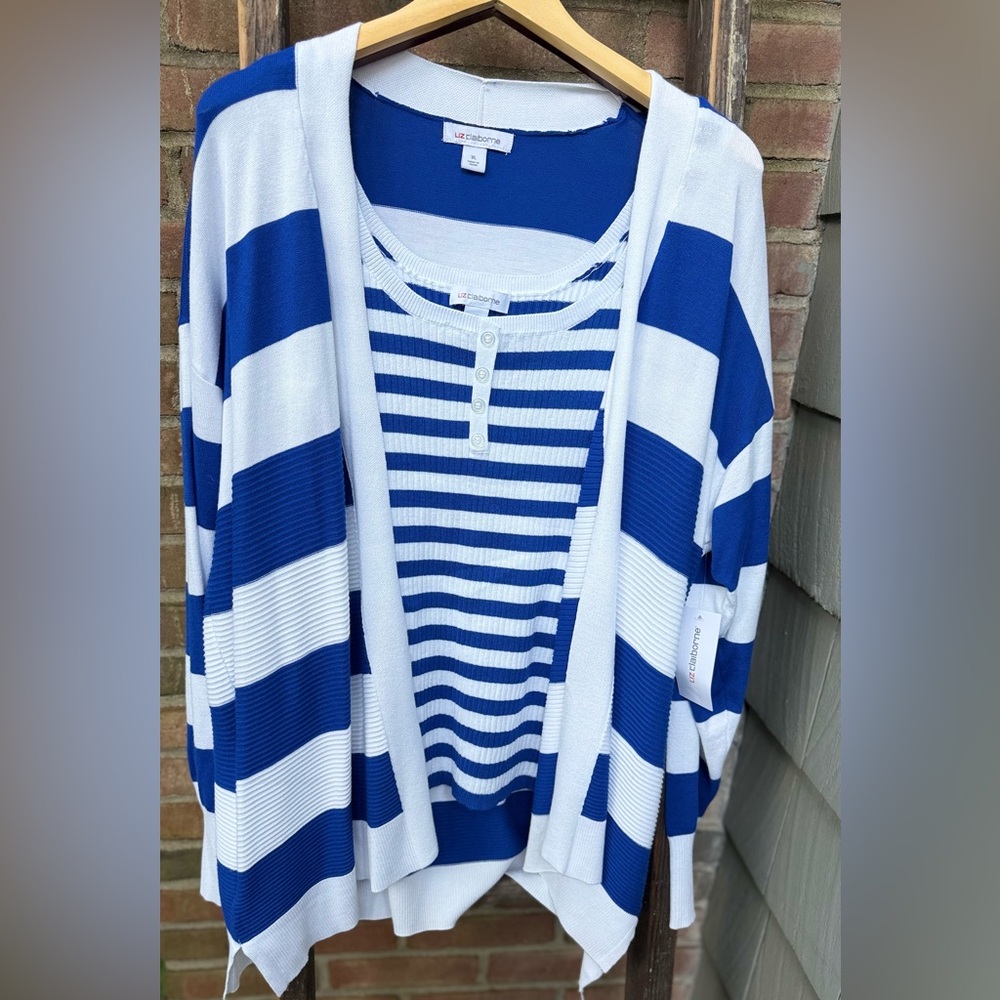 Liz Claiborne Blue and White Sweater Cardigan WITH Tank top